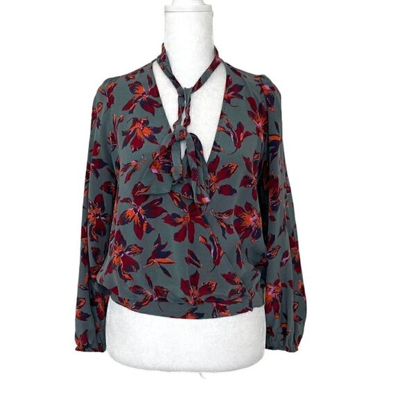 Madewell 100% Silk Floral Tie-Neck Bubble Sleeve Wrap Blouse Top size Small - Picture 1 of 9